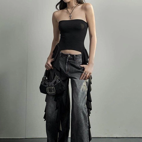 Women Tube Top Ruffle Asymmetrische Lange Streamers Strapless Slim Fit Streetwear Y2K Zwart MelkSatijn Top