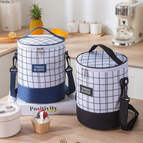 Borsa Pranzo Isolata Gingham A Quadretti Tessuto Oxford Borsa Termica Con Tracolla Regolabile Per Scuola Ufficio