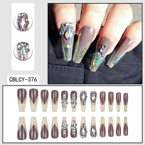 Long Coffin Press On Nails Dark Mocha Brown Gold Glitter French V-Shape With Colorful Rhinestones Ballerina Fake Nails For Women