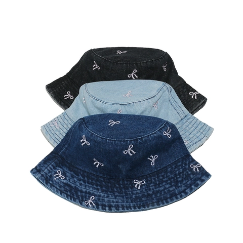 Women Denim Cotton Bucket Hat With Pink Bow Embroidery Sun Protection Outdoor Casual Chic Foldable Summer Sun Hat