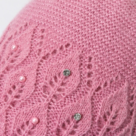 Gorro De Punto Para Mujer Cálido Invierno Forro Polar Grueso Perla Artificial Diamante De Imitación Patrón Hoja Elegante Para Madres