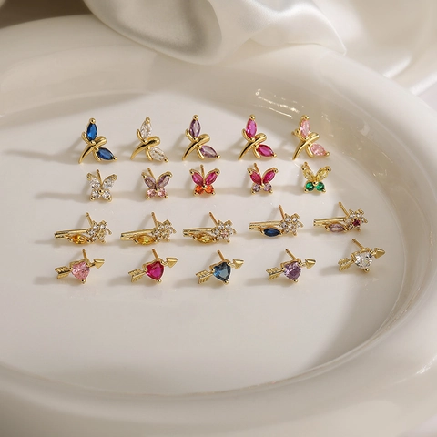 Copper Zircon Stud Earrings Dragonfly Butterfly Heart Flower Dainty Elegant Trendy Jewelry For Women