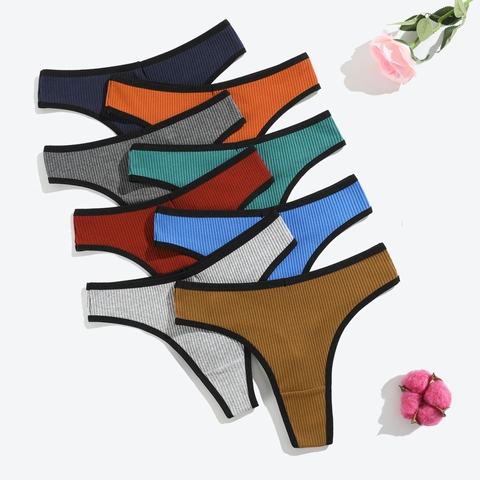 Thong En Coton Côtelé Pour Femmes Sexy Taille Basse Respirant G-String Sous-vêtements Bordure Contrastée