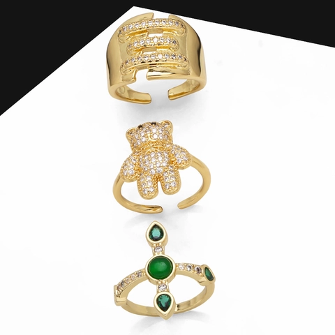 Luxus Vergoldeter Kupfer Zirkonia Offener Ring Für Damen Minimalistisch Verstellbar Bär Kreuz Geometrischer Finger Schmuck