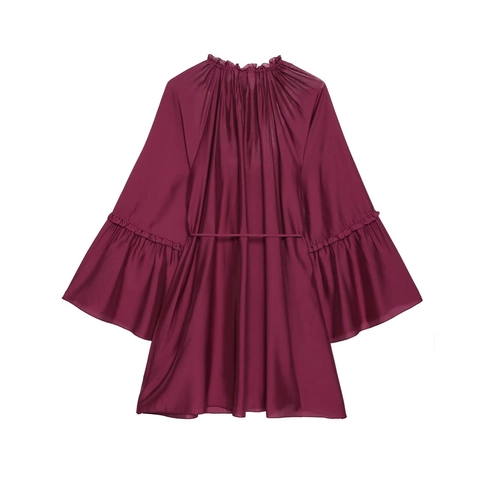 Dames Satijnen Mini Jurk Wijnrood V-Hals Klokmouwen Ruches Trekkoord Elegante Korte Tuniek Satijnzacht