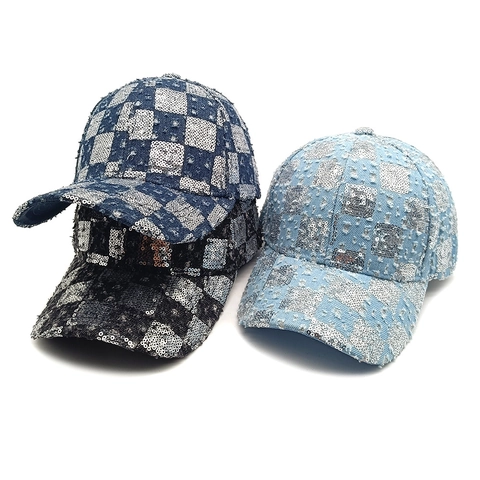 Baseball Cap Denim Polyester With Silver Sequins Checkerboard Pattern Distressed Frayed Edge Adjustable Trendy Hat