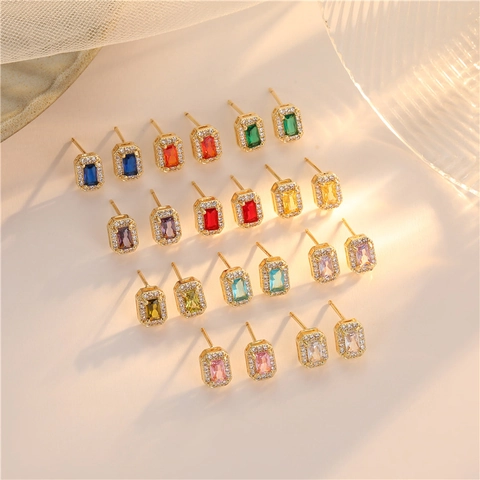 Square Zirconia Stud Earrings For Women 925 Sterling Silver Earring Post Colorful Geometric Copper Gold Plated Earrings