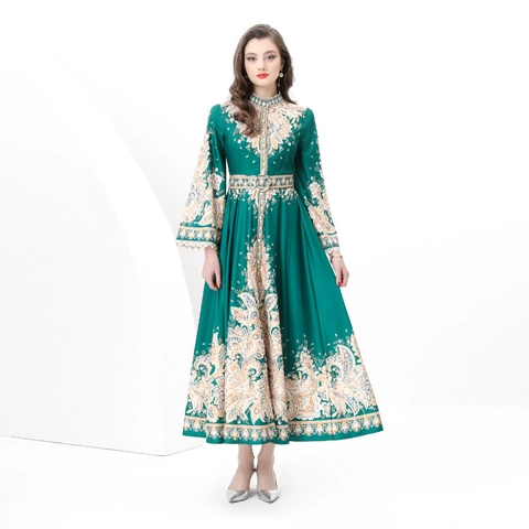 Vestito Lungo Da Donna Maniche Lunghe Collo Alto Stampa Paisley Stile Etnico Vintage Con Cintura
