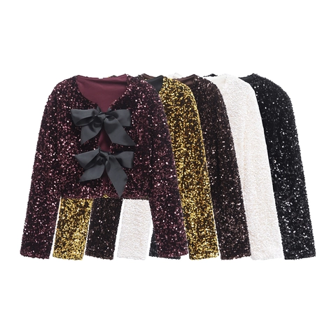 Cárdigan Corto de Lentejuelas para Mujer con Lazos Manga Larga Cuello Redondo Chaqueta de Fiesta Brillante Blusa de Moda