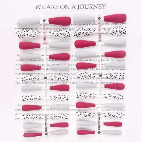 Lange Ballerina Press On Nagels Mat Roosrood Wit Luipaardprint Coffin Kunstnagels Voor Dames