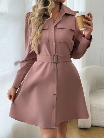 Vestido Camisero Elegante Para Mujer Poliéster Manga Larga Abotonado Con Cinturón Mini Vestido Línea A Bolsillos Rosa