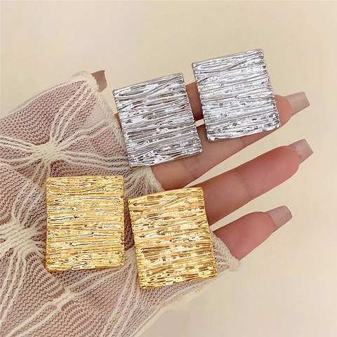 Geometric Square Stud Earrings With 925 Sterling Silver Earring Post Wrinkled Pleated Texture Metal Retro For Women