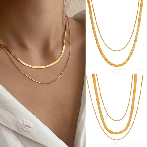 Collier Multi Rangs Chaîne Serpent En Acier Inoxydable Pour Femmes Chaîne Plate À Chevrons Bijoux De Mode Minimalistes
