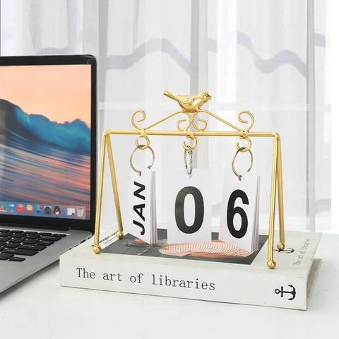 Desktop Perpetual Flip Calendar Metal Bird Design Iron Wood Reusable Tabletop Ornament Home Office Decor