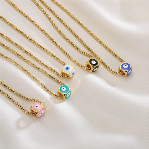Evil Eye Cube Pendant Necklace Copper Gold Plated Enamel Drip Oil Protection Jewelry For Women Ethnic Style