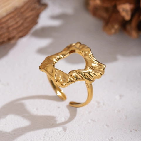 Unregelmäßiger Geometrischer Ring Edelstahl Vergoldet Lava Textur Gehämmerte Offen Verstellbar Kunstvoller Schmuck Für Damen