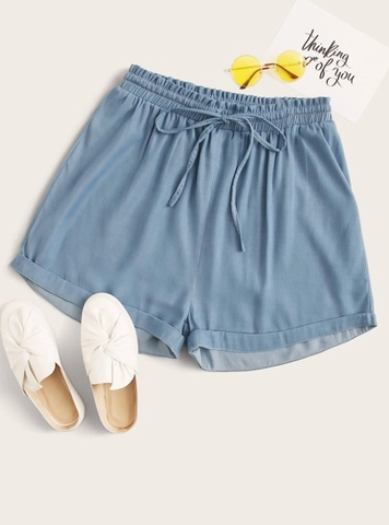 Pantalones Cortos De Talla Grande Para Mujer Azul Claro Tela De Poliéster Suave Cordón Cintura Elástica Casual Recto