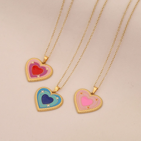 Collar Con Colgante De Corazón De Acero Inoxidable Esmalte Patrón De Estrellas Chapado En Oro Joyería Para Mujer