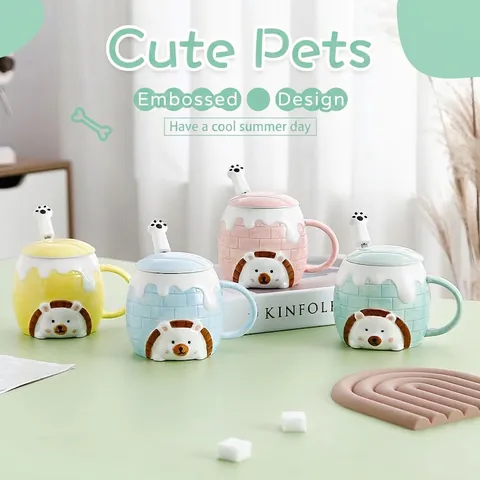 Ceramic Mug With Lid And Spoon 3D Relief Hedgehog Cartoon Coffee Cup For Home Office Cute Gift Box