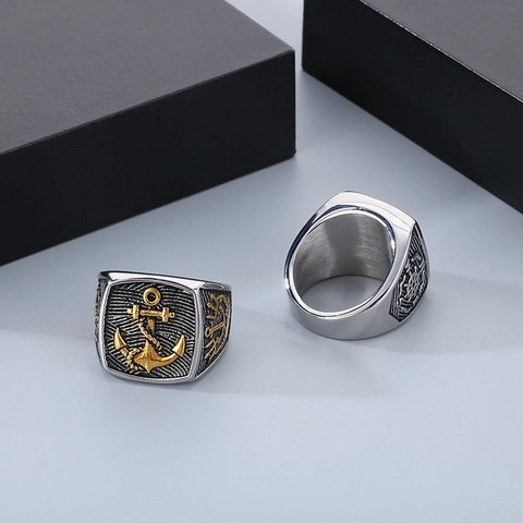 Nautical Anchor Signet Ring Stainless Steel Retro Pirate Compass Punk Biker Jewelry For Men