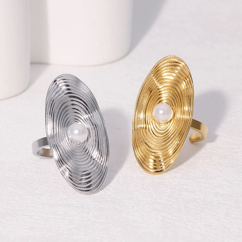 Anello Con Perla Artificial Minimalista Acciaio Inossidabile Ovale Trama Ondulata Anello Aperto Regolabile Gioielli Di Moda Per Donne
