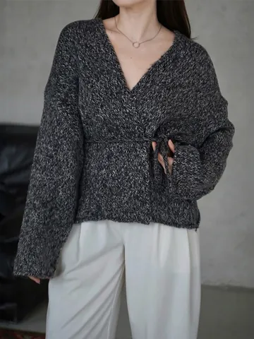 Women V-Neck Wrap Cardigan Sweater Belted Knit Long Sleeve Solid Color Elegant Casual Knitwear Tops