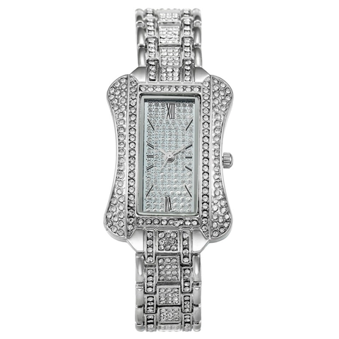 Luxury Women's Quartz Watch Full Rhinestones Rectangular Alloy Case Metal Strap Fashion Jewelry Clasp Elegant Wristwatch