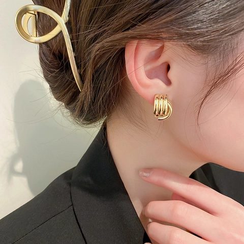 Geometric Intertwined Croissant Earrings Alloy With 925 Sterling Silver Earring Post Twisted Metallic Minimalist Women
