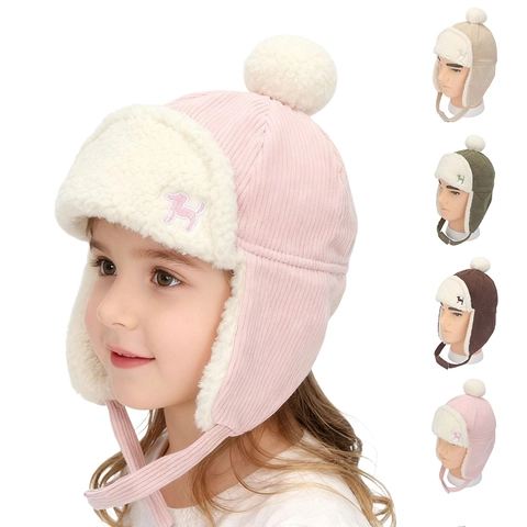 Winter Warme Kinder Cord Fliegermütze Lammwollimitat Futter Ohrenklappen Lei Feng Mütze Mit Hunde-Stickerei Bommel Kappe