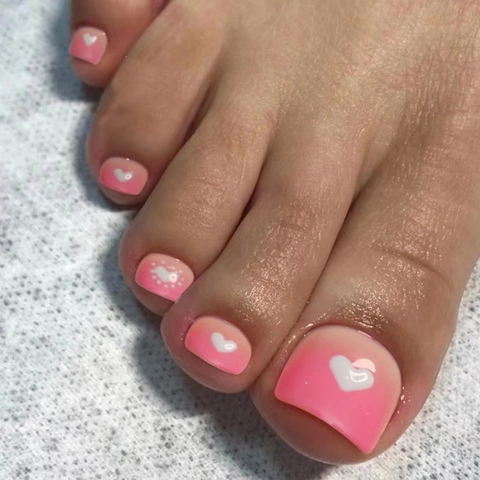 Pink Gradient Press On Toenails White Heart Pattern Sweet Short Style Artificial Foot Fake Nail Tips For Women Elegant