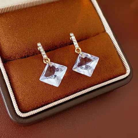 Square Zircon Drop Earrings With 925 Sterling Silver Earring Post Alloy Rhinestone Geometric Light Luxury Jewelry Women