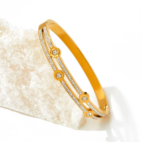 Stainless Steel Bangle Bracelet Double Layer Rhinestone Geometric Round Inlay Elegant Jewelry For Women