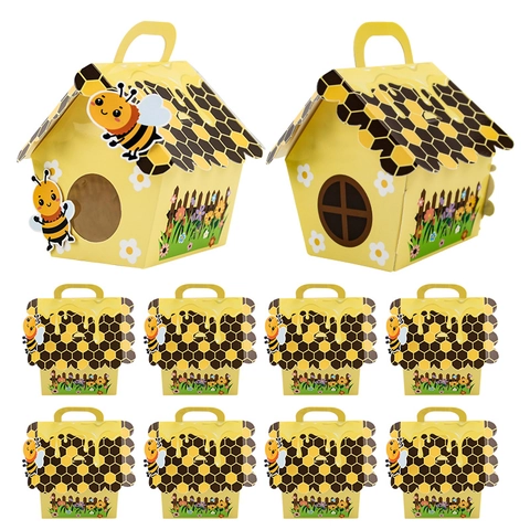 Bee Theme DIY Candy Box Paper House Shape Gift Packaging With Handle Clear Window Yellow Cardboard Birthday Favor