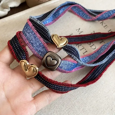 Denim Fabric Choker Necklace With Alloy Heart Pendant And Wood Beads Retro Korean Style Fashion Jewelry For Women