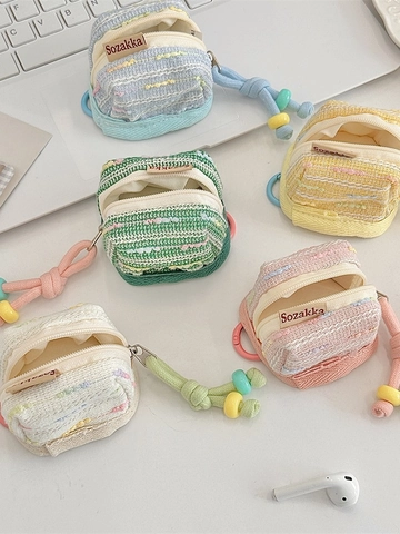 Tweed Braided Mini Earphone Storage Bag Small Fragrance Style Zipper Pouch With Bead Strap Portable Wireless Headset Case For Women