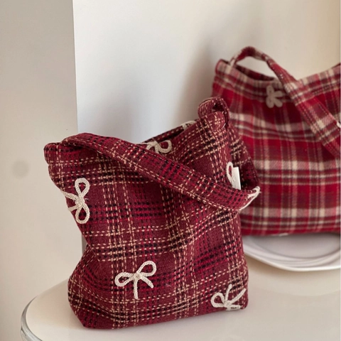 Vintage Rote Karo Wollene Achseltasche Mit Weißer Schleifenstickerei Süße Retro Kleine Schulterhandtasche Für Damen