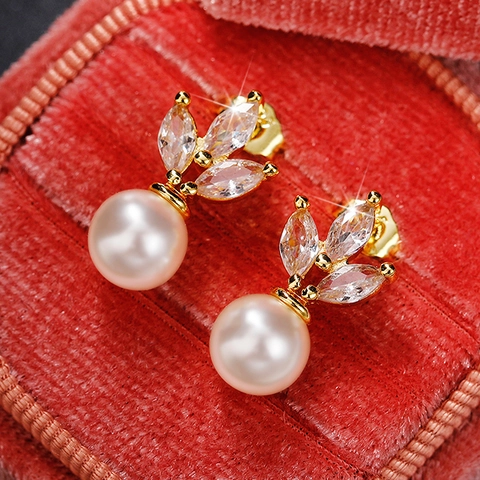 Orecchini A Goccia Künstliche Perle E Zirconi Marquise Rame Con Perno In Argento Design Foglia Gioiello Donna