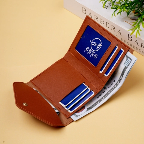 Women Mini Wallet PU Leather Trifold Card Holder With ID Window Envelope Flap Snap Button Minimalist Solid Color Portable