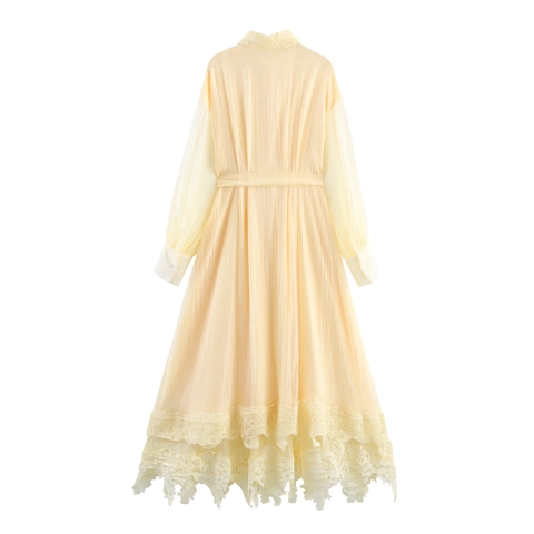 Maxikleid Damen Langarm Chiffon Spitze Revers Patchwork Gürtel Süß Elegant Vintage Lange Hemdkleider