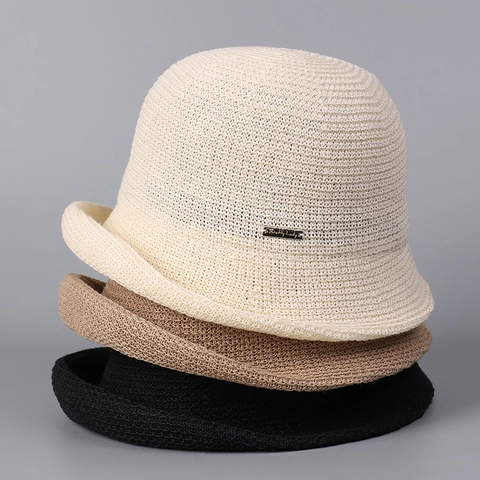 Cappello Alla Pescatora Donna Misto Lino Maglia Stile Giapponese Traspirante Protezione Solare Bordo Arrotolato Cloche
