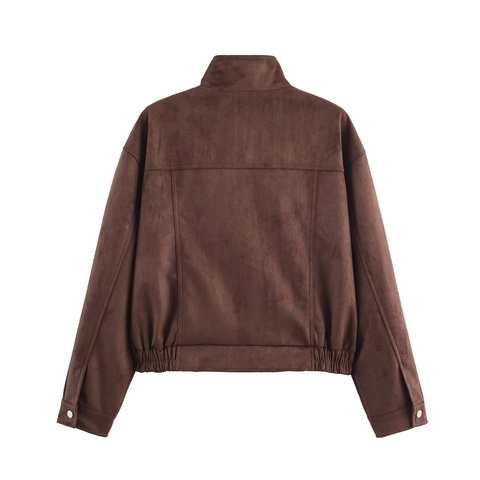 Women Faux Suede Cropped Jacket Stand Collar Metal Snaps Flap Pockets Oversized Casual Streetwear Solid Brown