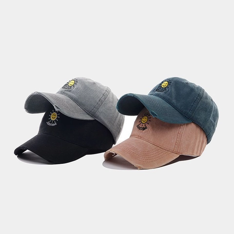 Washed Cotton Baseball Cap Vintage Distressed Ripped Dad Hat Sunshine Smile Embroidery Adjustable Unisex Casual Streetwear