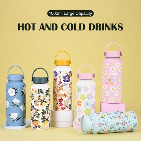 Botella De Agua Aislada Al Vacío De Acero Inoxidable Boca Ancha Asa Portátil Estampado Floral Frasco Deporte