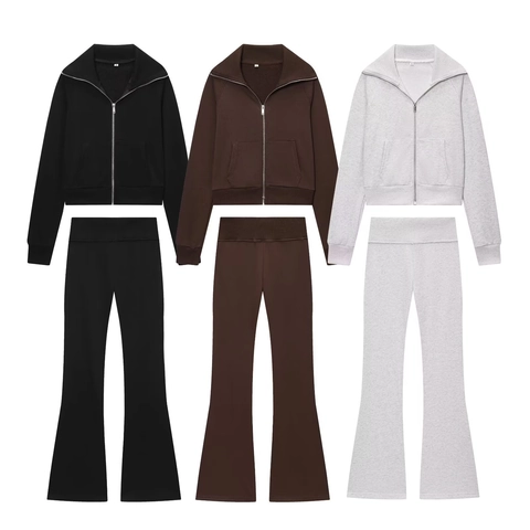 Chándal Mujer Top Manga Larga Solapa Cremallera Y Pantalón Campana Cintura Alta Outfits Forro Polar Sólido