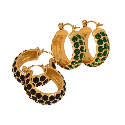 Bold Hoop Earrings Gold Plated Stainless Steel Full Rhinestone Pave Colorful Luxury Vintage Style Jewelry For Women
