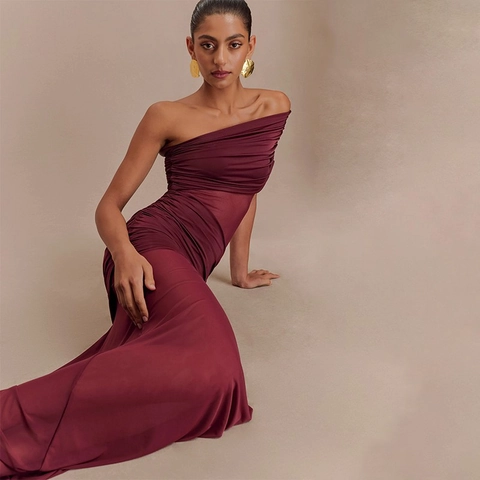 Robe Longue Élégante Pour Femmes Avec Patchwork En Maille Une Épaule Froncée Couleur Unie Coupe Slim Soirée Sexy