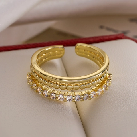 Layered Geometric Open Ring Copper 18K Gold Plated Zircon Adjustable Fashion Niche Jewelry For Women