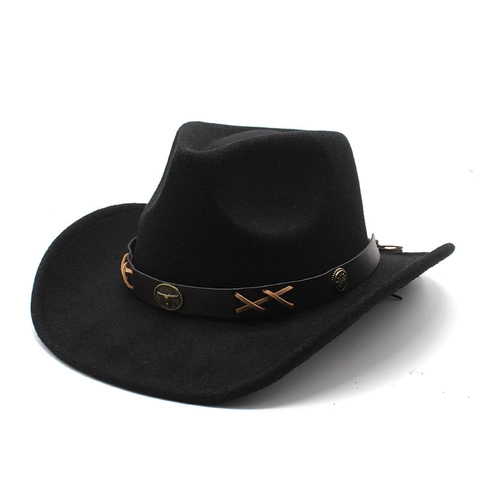 Western Cowboy Hat Woolen Felt Wide Brim Retro Fedora With Bull Head Metal Decor Leather Band Vintage Style