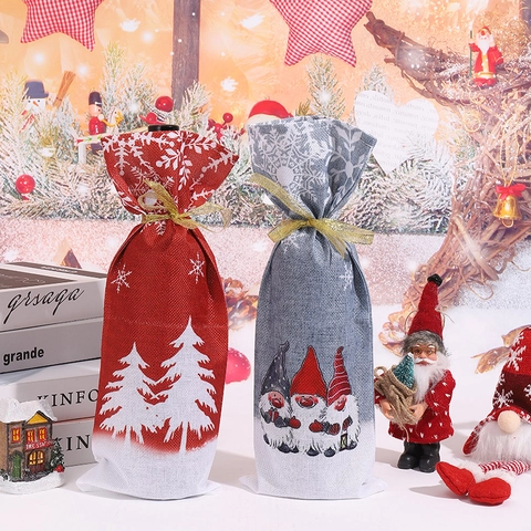 Christmas Wine Bottle Cover Bag Gnome Forest People Printing Cloth Bottle Sleeve Festive Dinner Party Decor Ornaments