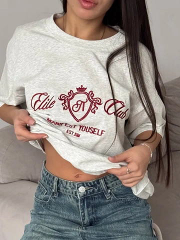 T-Shirt Da Donna In Cotone Ricamo Lettere Girocollo Spalle Cadenti Oversize Top Streetwear Casual